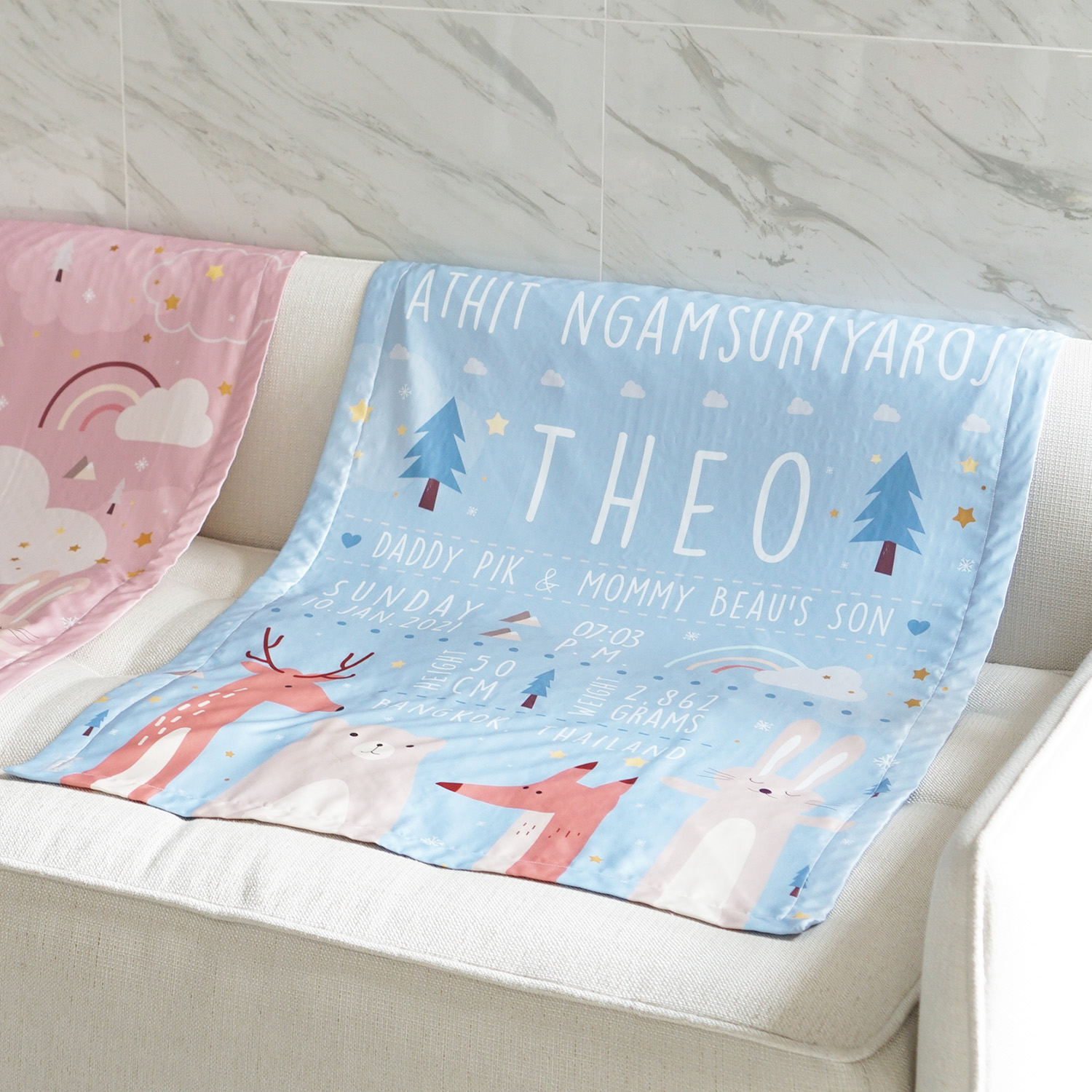 ผ้าห่ม ใส่ประวัติแรกเกิด ลาย Woodland - Blue