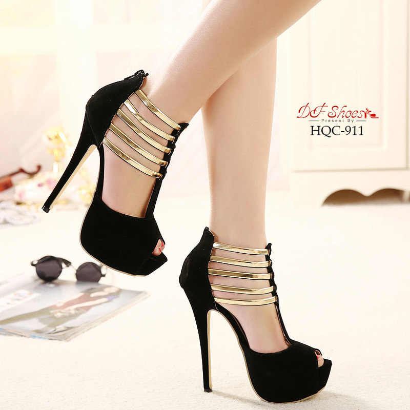 รองเท้าส้นสูงT-Strapแต่งสายคาดทอง