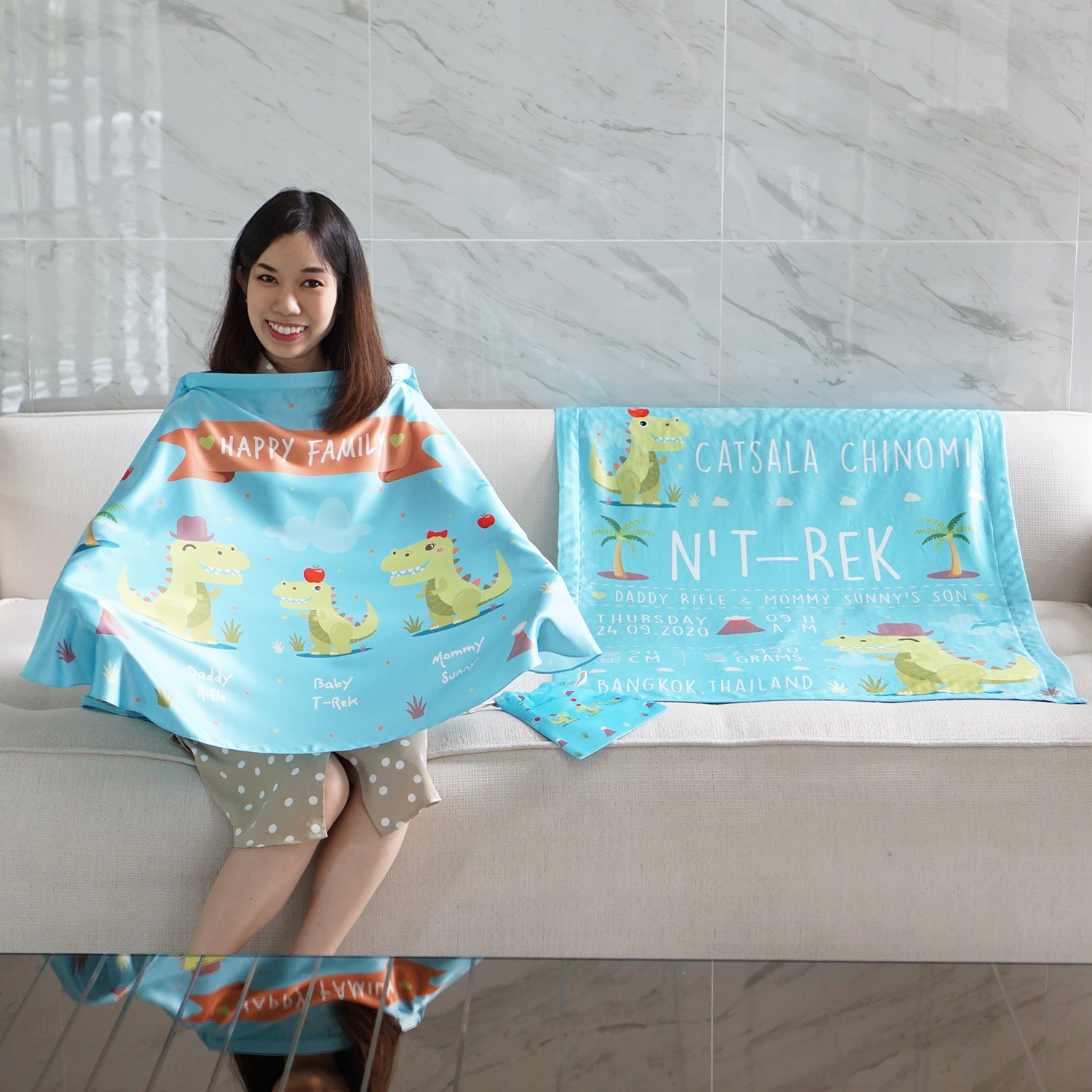 ชุดของขวัญเด็กแรกเกิด ผ้าคลุมให้นม + ผ้าห่มขนาด 75x100cm ลาย T-rex - Turquoise