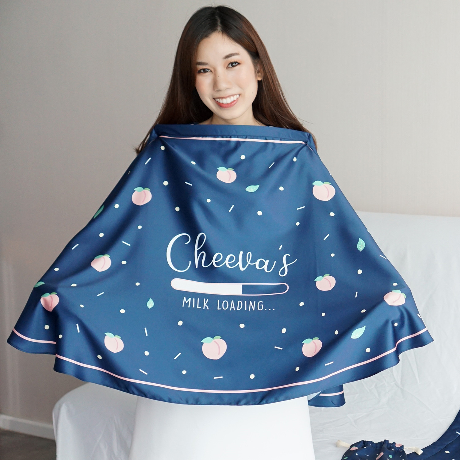 ผ้าคลุมให้นม สั่งทำใส่ชือ ลาย Peach - Navy