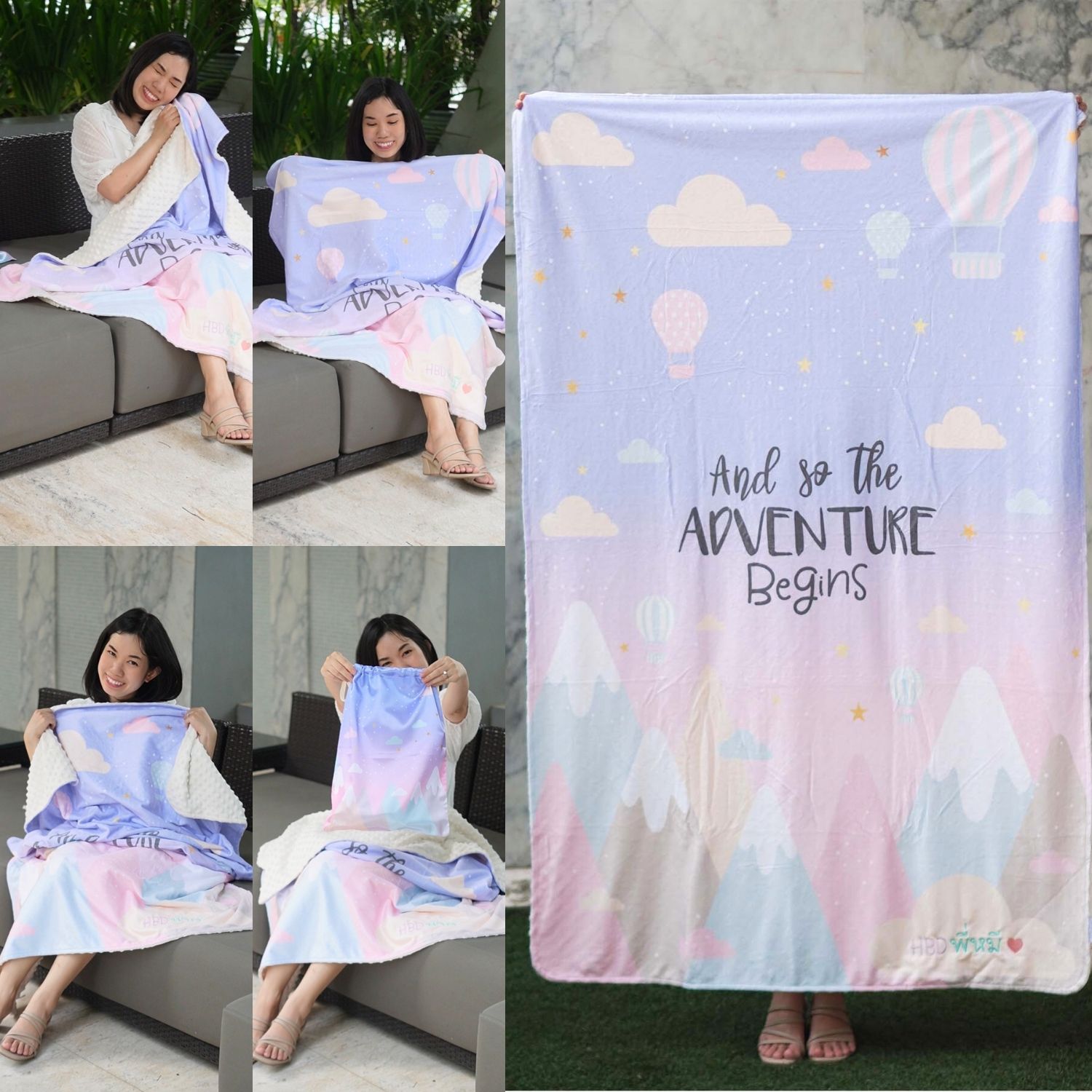 ผ้าห่ม Minky ลาย Mountain 100x150cm แบบปักชื่อ ด้านหลังสีครีม