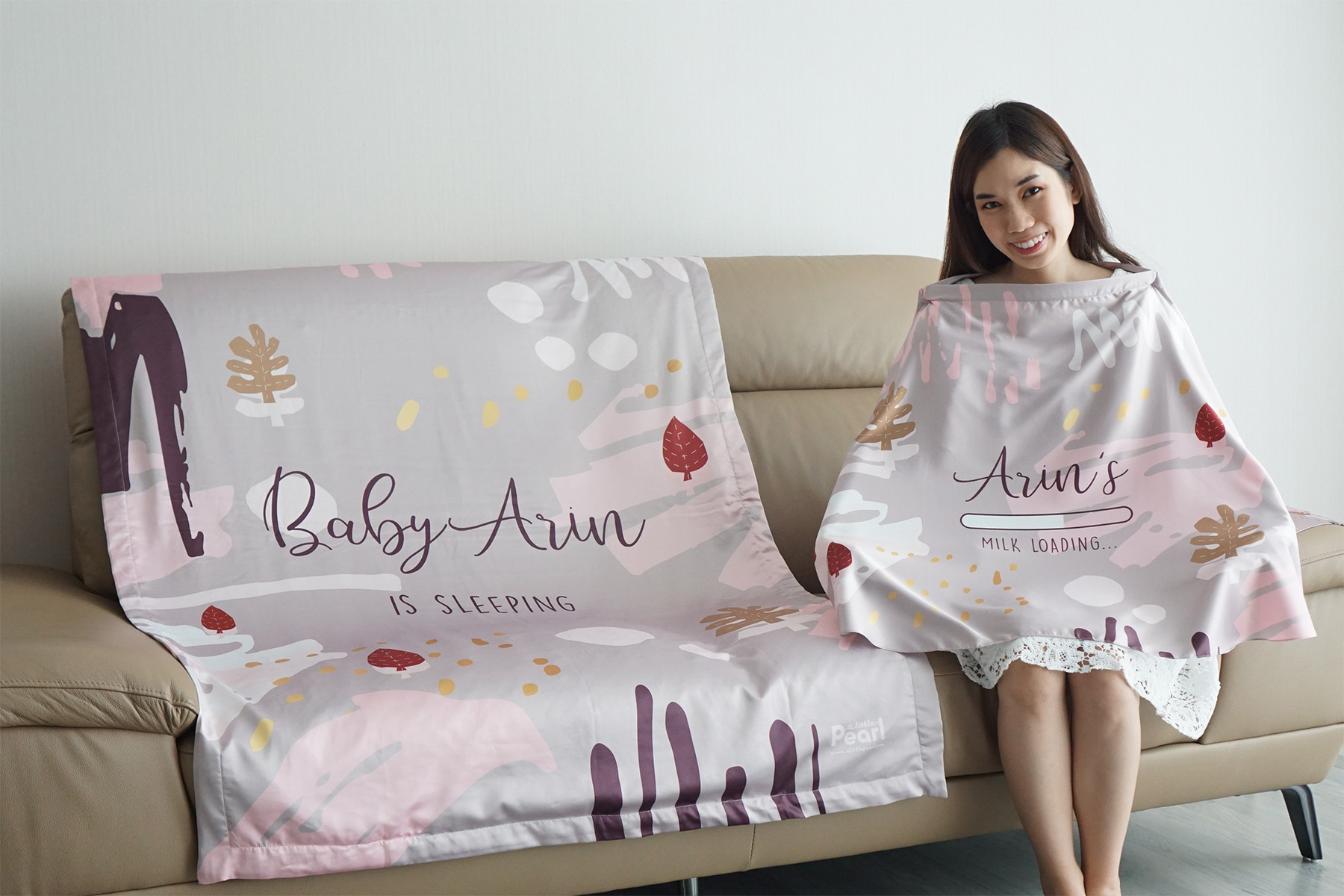 ชุดของขวัญเด็กแรกเกิด ผ้าคลุมให้นม + ผ้าห่มขนาด 100x150cm ลาย Paint Brush - Taupe