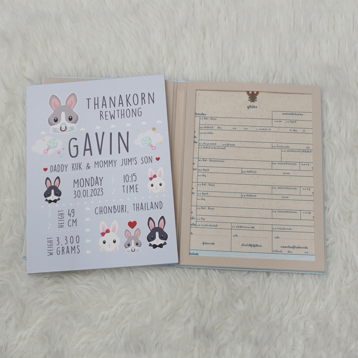 แฟ้มทะเบียนสมรส/สูติบัตร สั่งทำใส่ข้อความ ลาย Rabbit - Blue