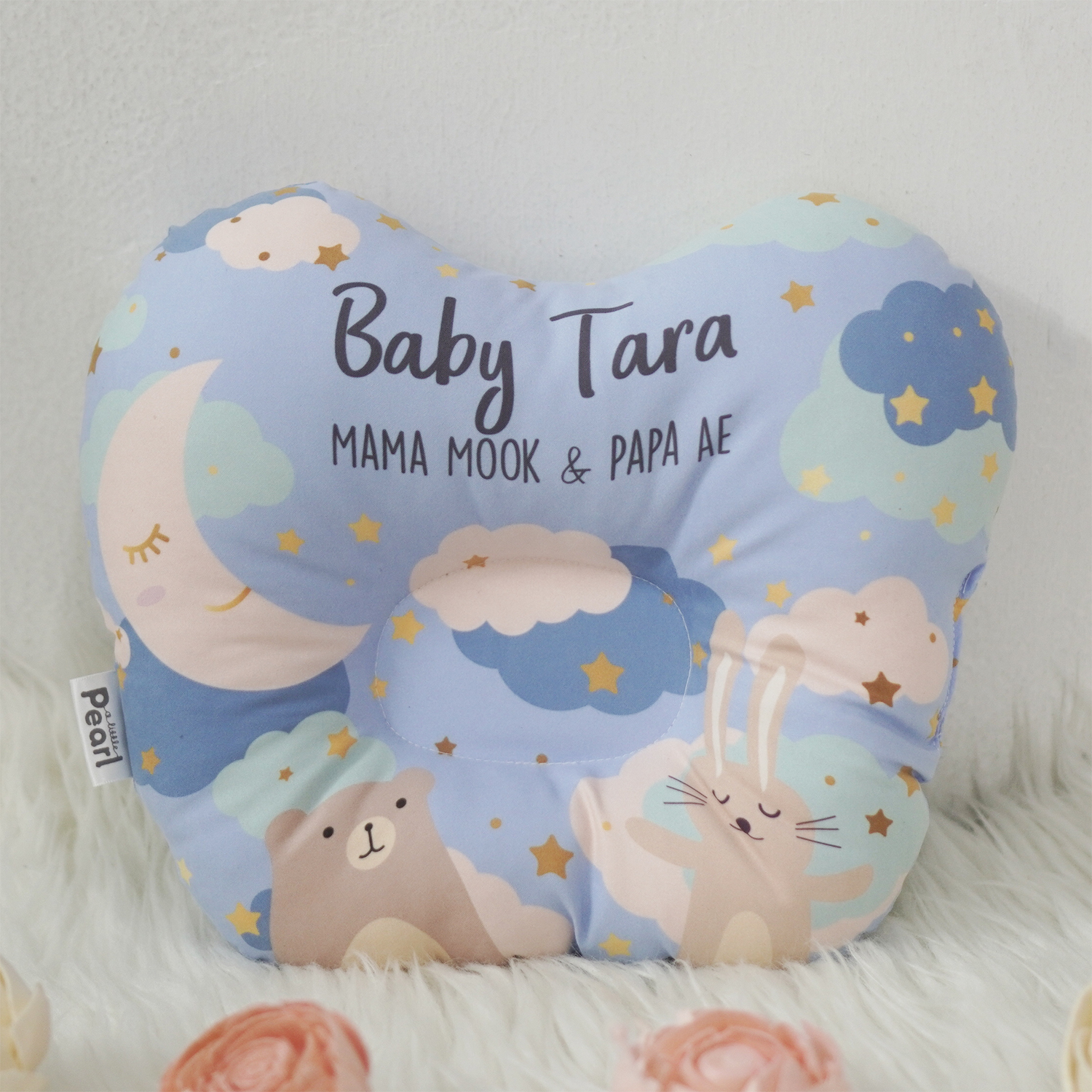 หมอนเด็ก หมอนหลุม Baby Pillow สั่งทำใส่ชื่อ ลาย Moon - Blue