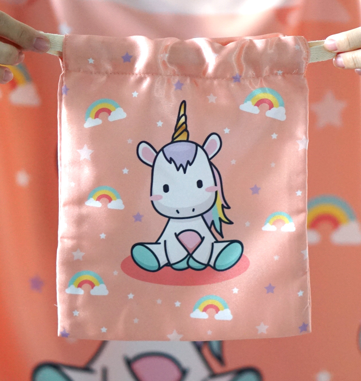 ถุงผ้าซาติน ลาย Unicorn - Peach