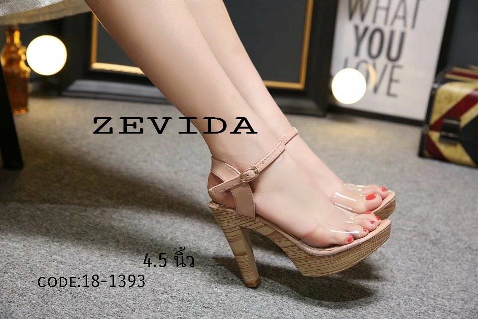 รองเท้าส้นสูงส้นลายไม้แต่งคาดใส (สีชมพู)