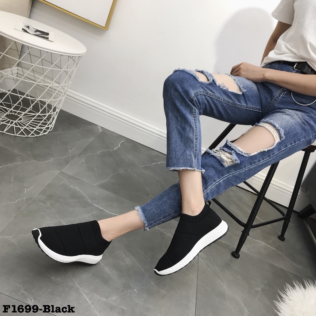 รองเท้าผ้าใบผ้าทอทรงสวมสไตล์ Sport (สีขาว)