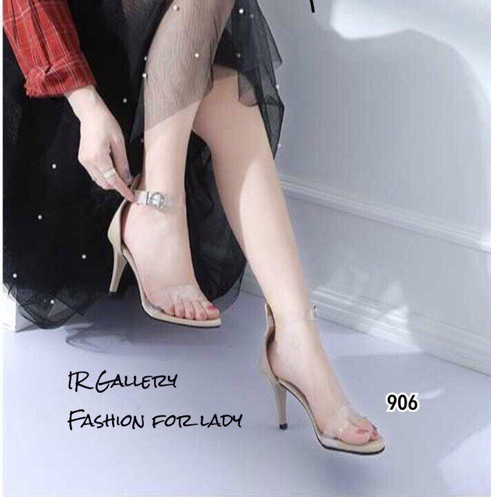 รองเท้าส้นสูงรัดข้อแต่งสายคาดใสนิ่ม (สีครีม)