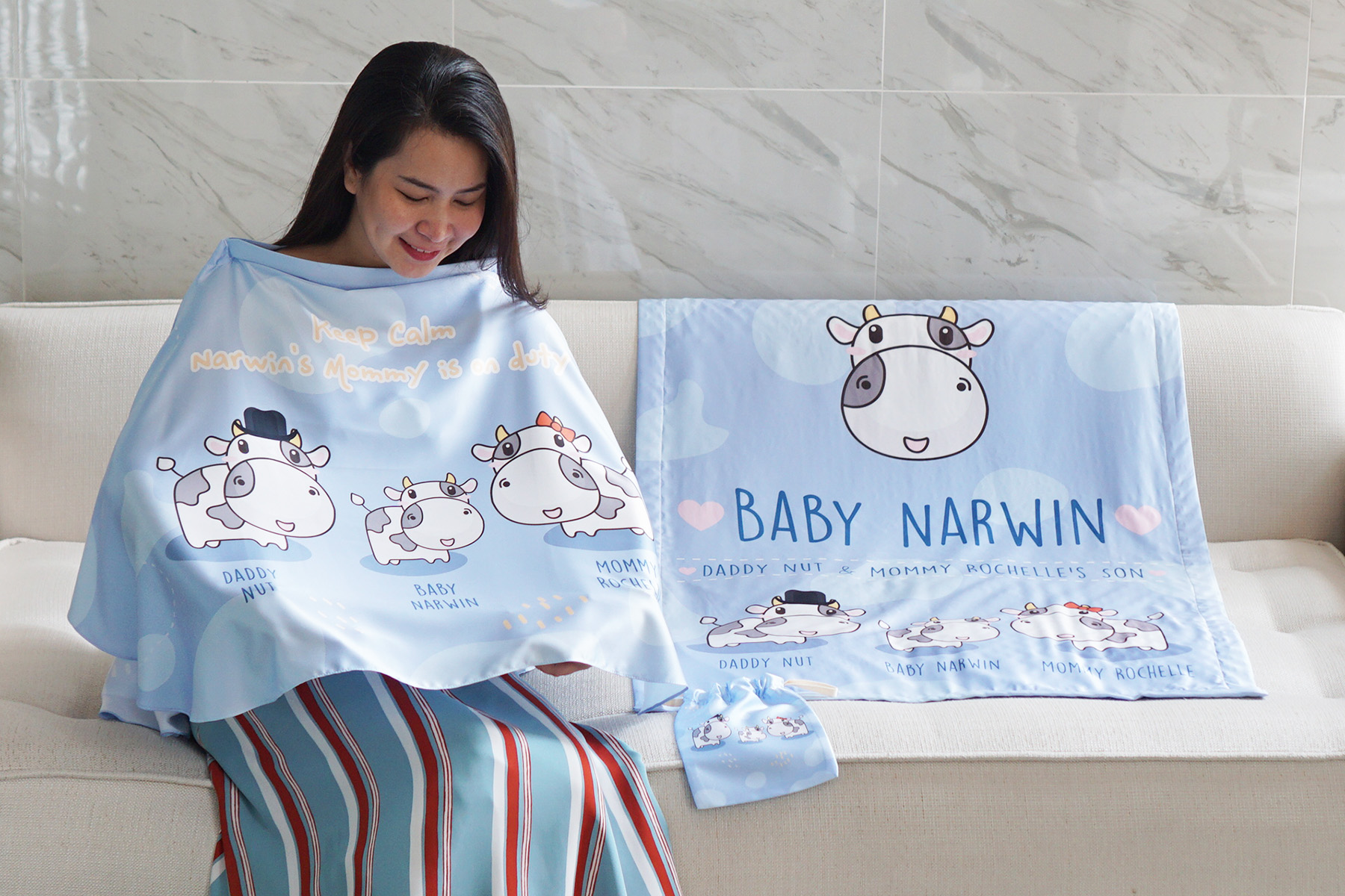 ชุดของขวัญเด็กแรกเกิด ผ้าคลุมให้นม + ผ้าห่มขนาด 75x100cm ลาย Cow1 - Indigo
