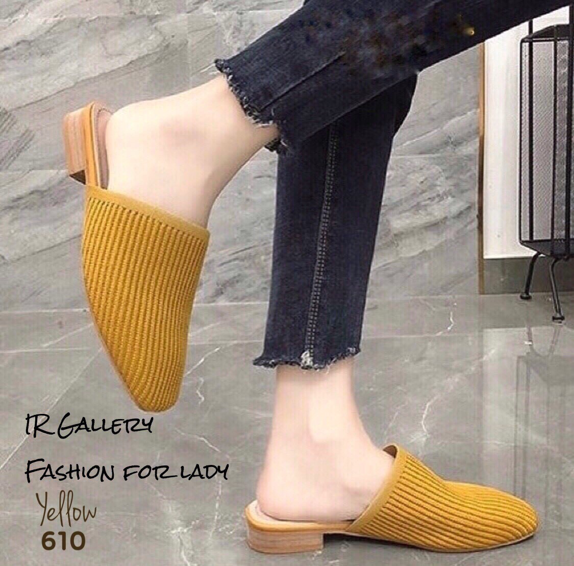 รองเท้าแตะผ้าทอทรงสลิปเปอร์ (สีเหลือง)
