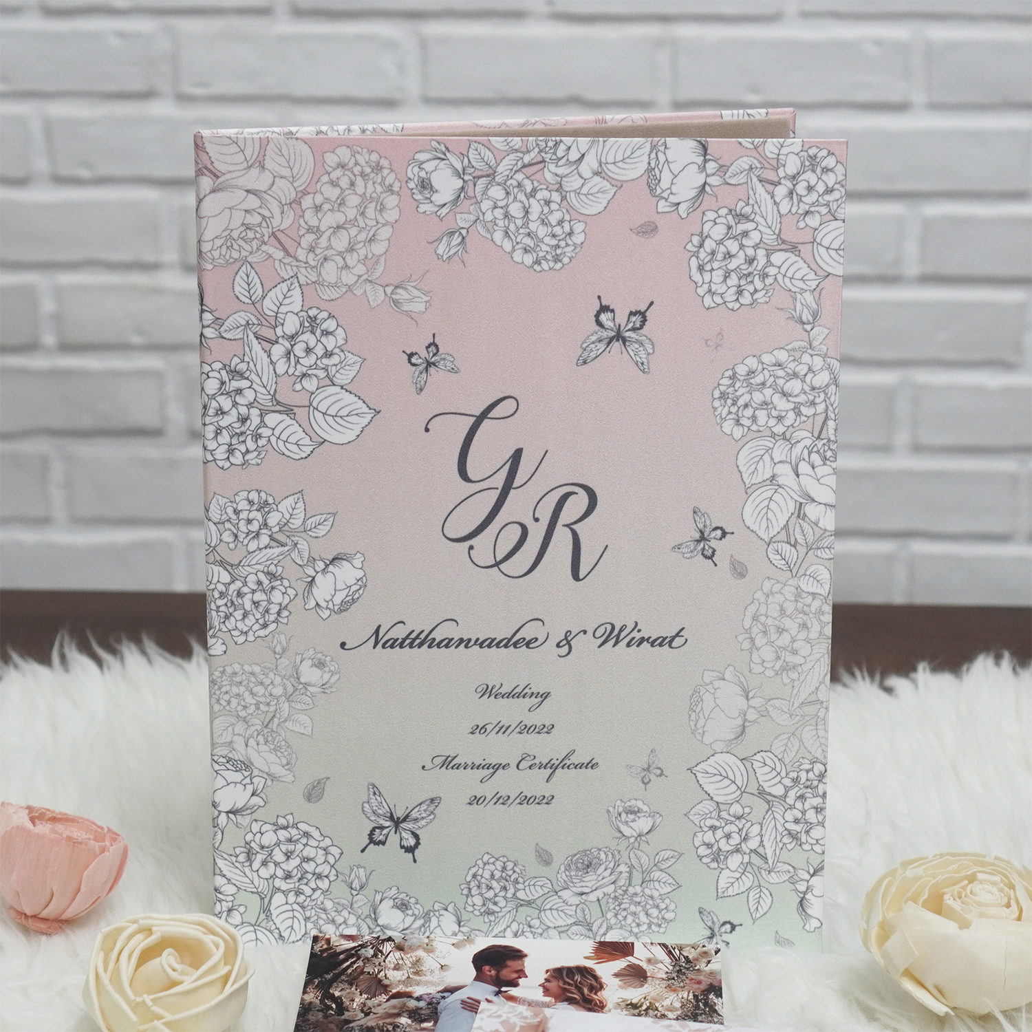 แฟ้มทะเบียนสมรส/สูติบัตร สั่งทำใส่ข้อความ ลาย Butterfly Vintage - Pink
