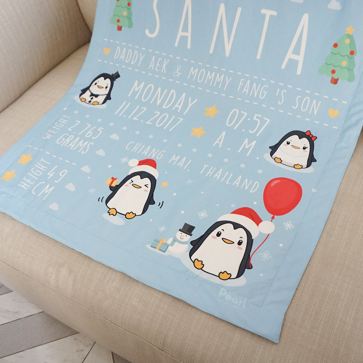 ผ้าห่มเด็ก ใส่ประวัติแรกเกิด ลายเพนกวิ้น Penguin - Blue