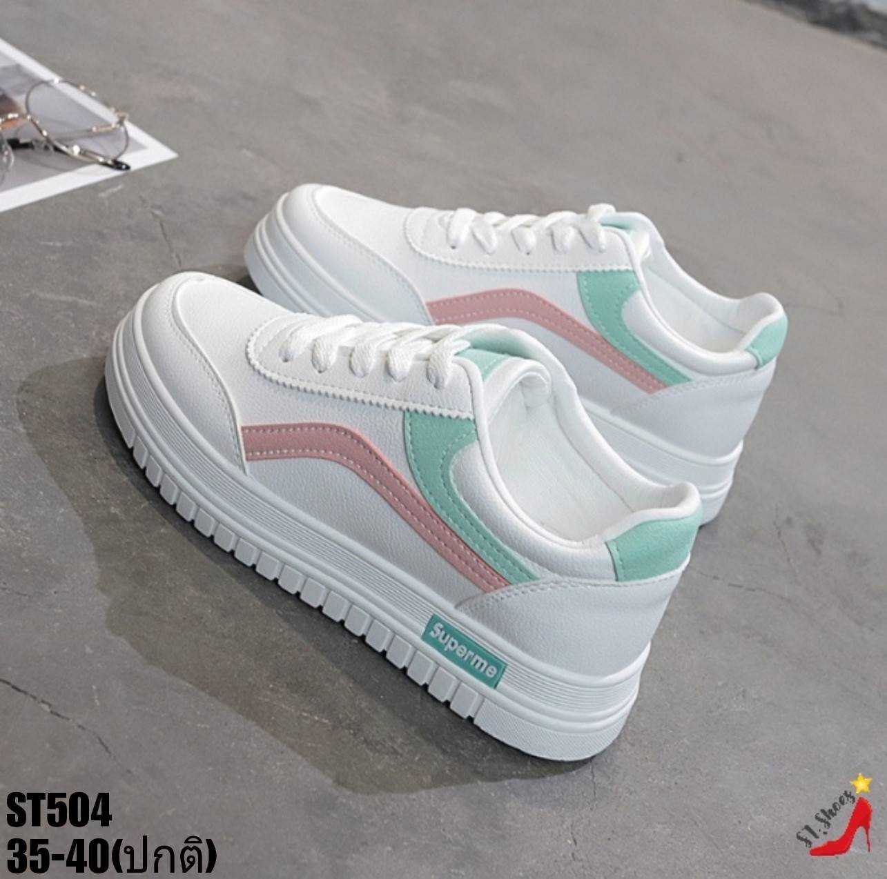 รองเท้าผ้าใบแฟชั่นแต่งแถบสีพาสเทล (น้ำเงิน)