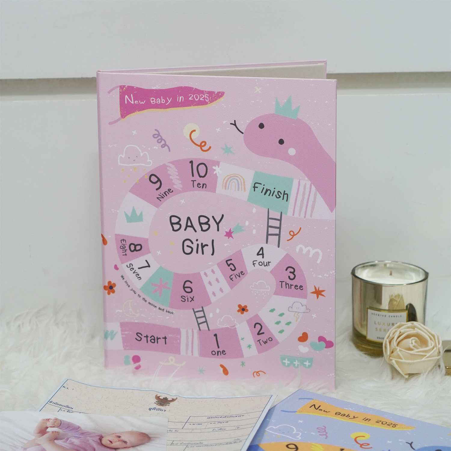 แฟ้มใส่สูติบัตร แบบพร้อมส่ง ลาย Snakes & Ladder - Pink