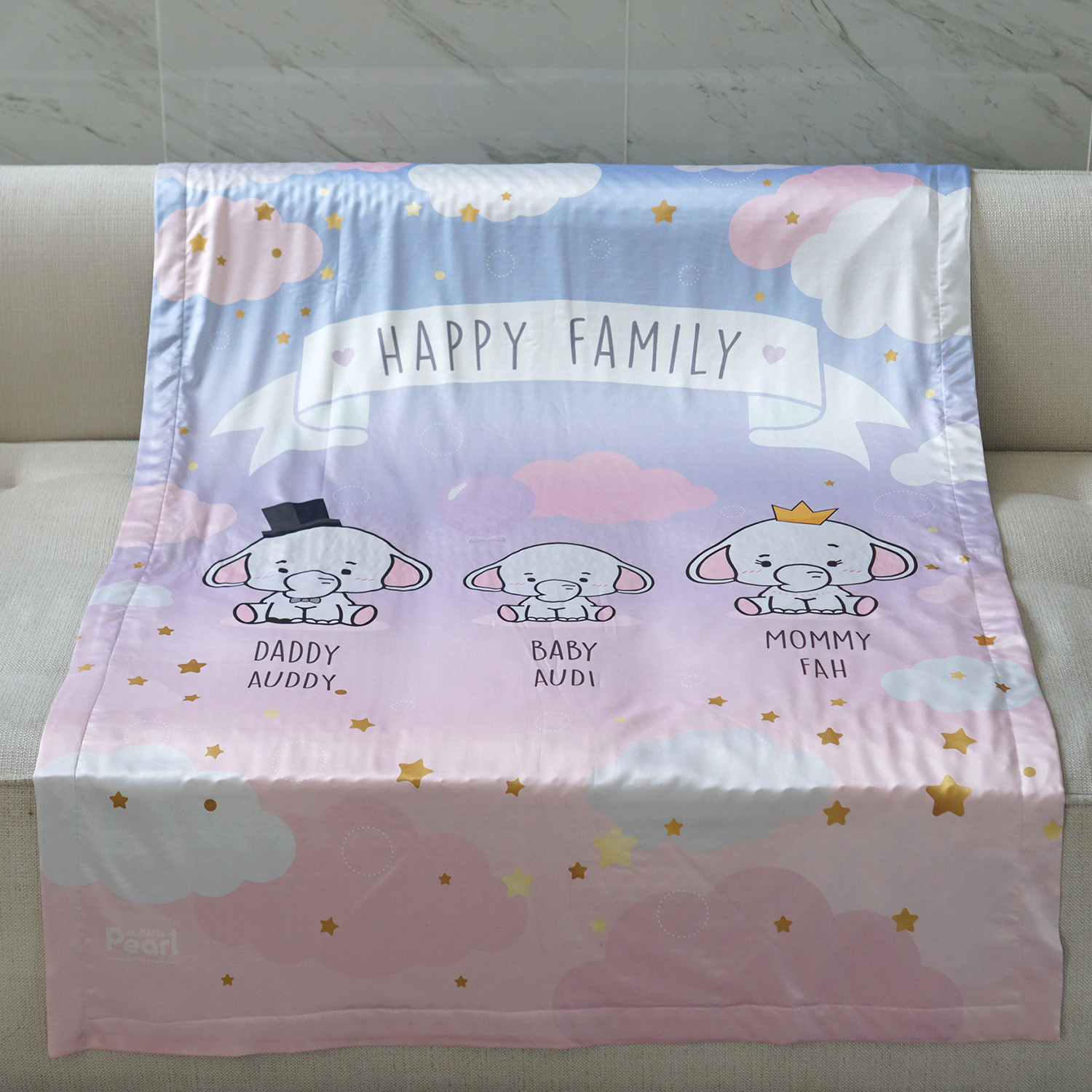ผ้าห่ม ใส่ชื่อ ลาย Elephant - Blue Pink