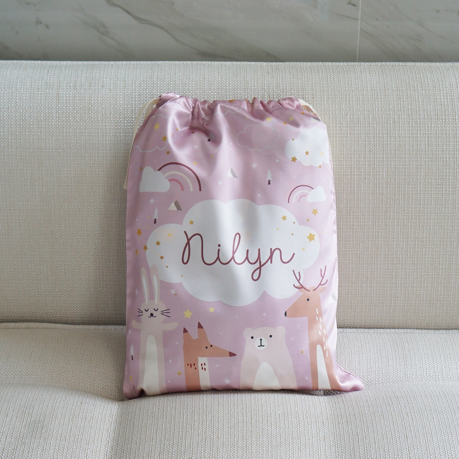 ถุงผ้าซาติน ไซส์ L สั่งทำใส่ชื่อ ลาย Woodland - Pink