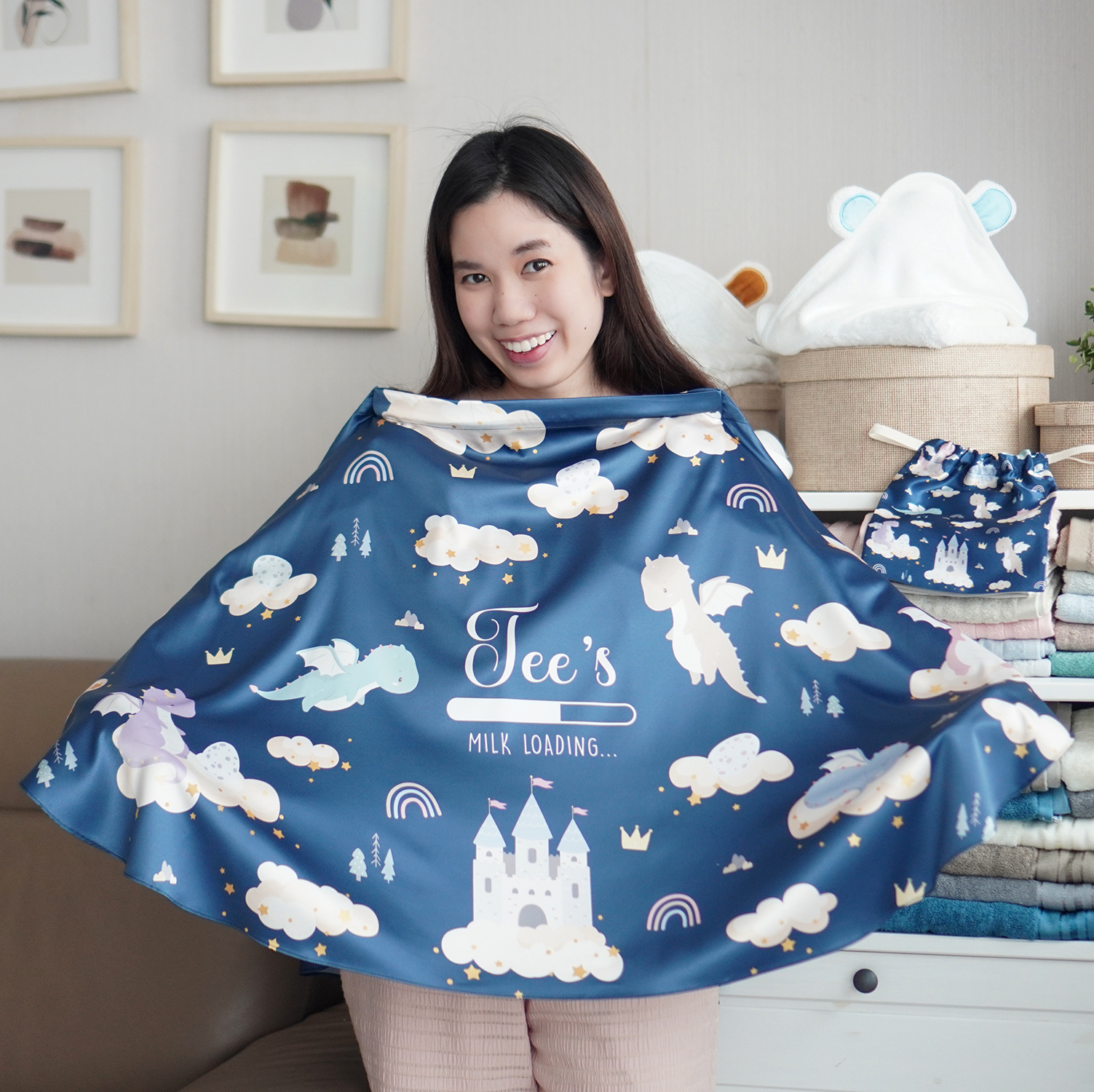 ผ้าคลุมให้นม 3in1 (รุ่นมีกระดุม ถอดโครงได้) แบบสั่งทำใส่ชื่อ ลาย Dragon - Navy