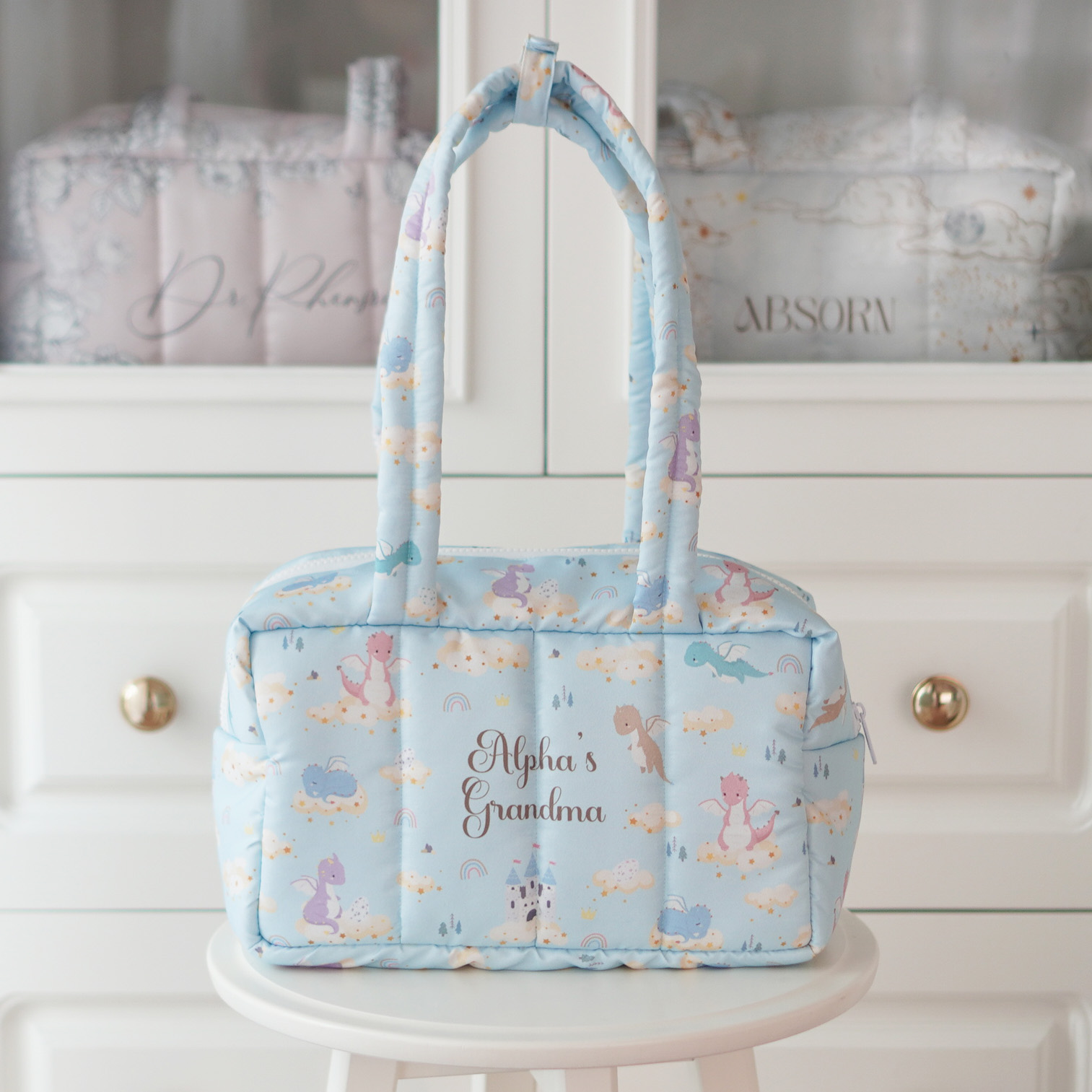 Fluffy Bowling Bag กระเป๋านุ่มนิ่ม ทรง Bowling สั่งทำใส่ข้อความ ลาย Dragon - Blue