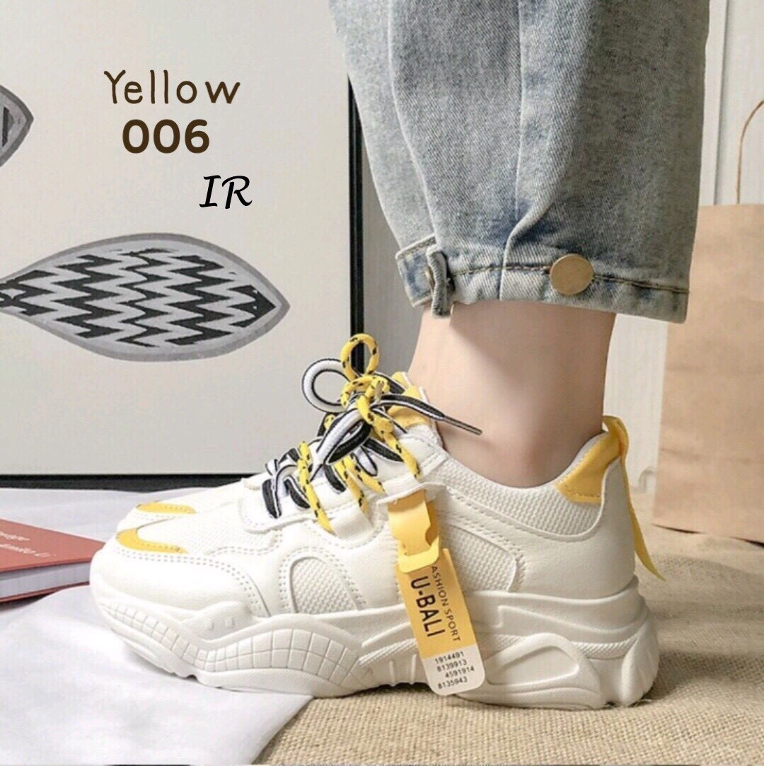 รองเท้าผ้าใยทรงSportแต่งป้ายสี (สีเหลือง)