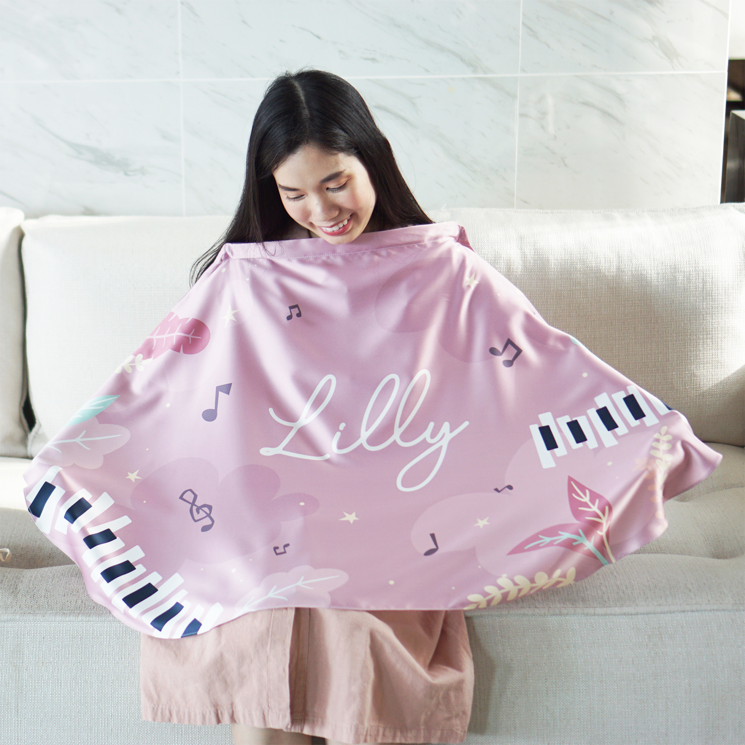 ผ้าคลุมให้นม สั่งทำใส่ชือ ลาย Piano - Pink