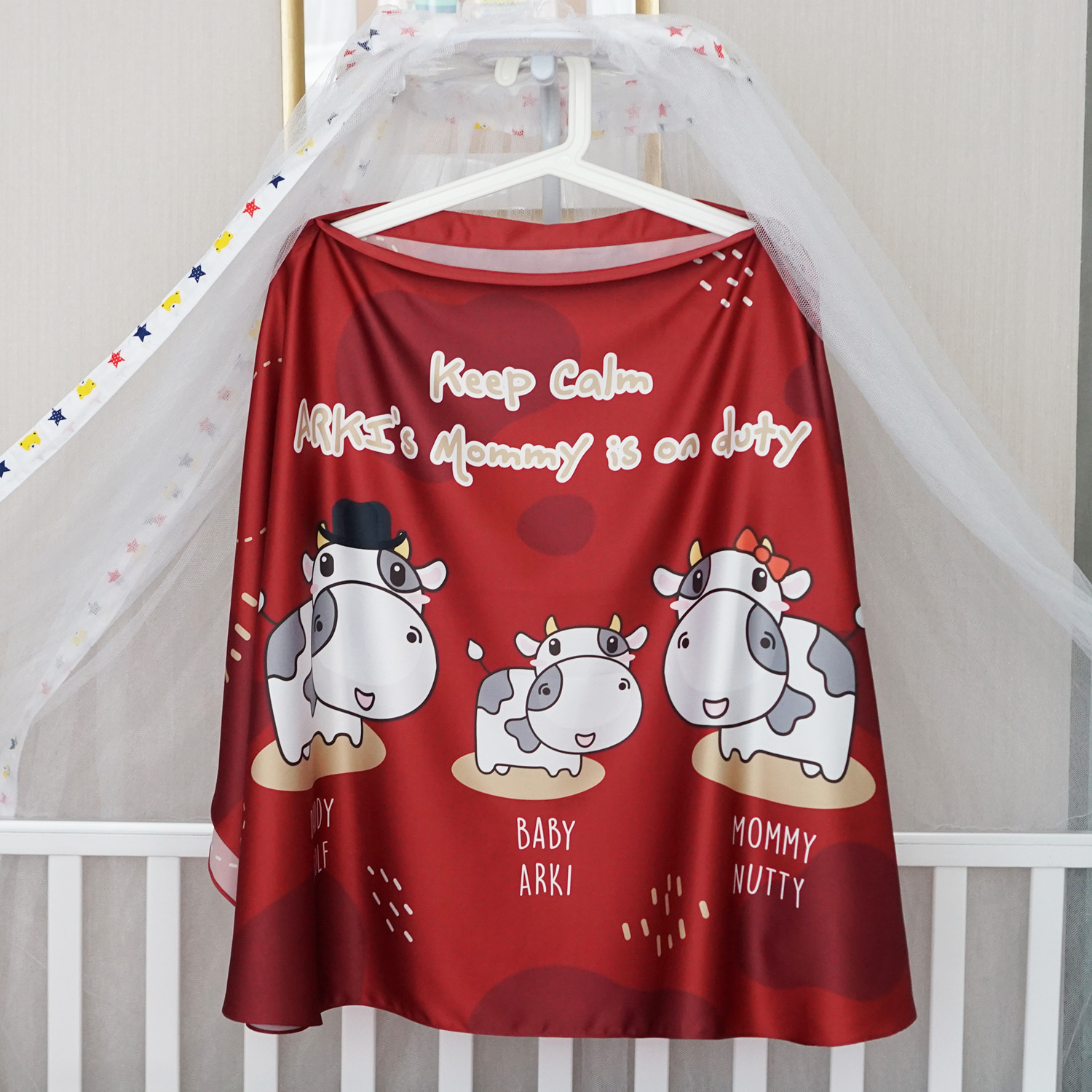 ผ้าคลุมให้นม สั่งทำใส่ชือ ลาย Cow1 - Red