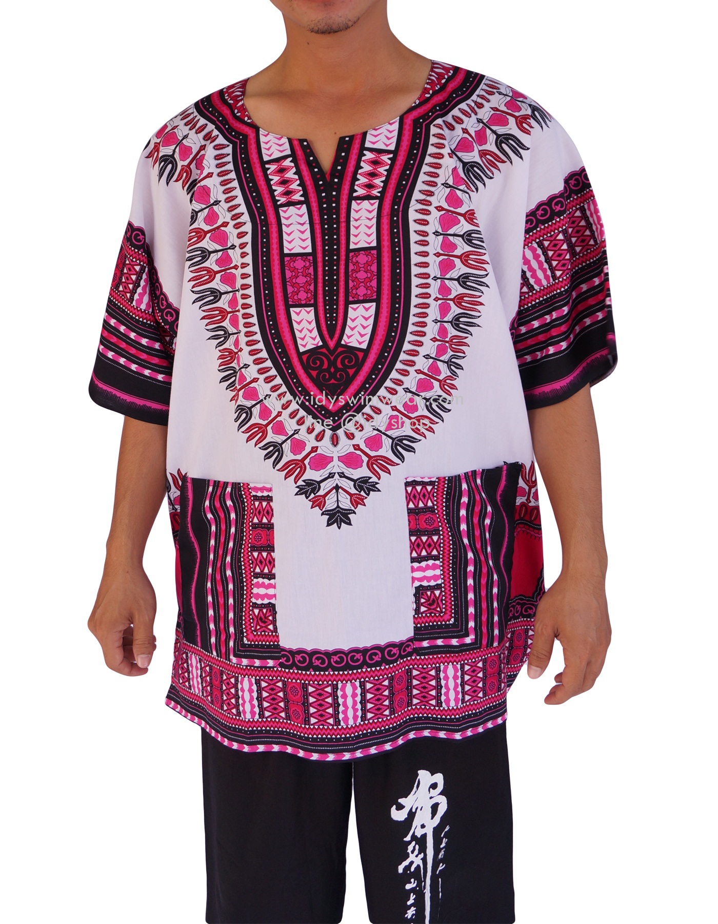 dashiki shirt เสื้อจังโก้ โบฮีเมียน เสื้อชนเผ่า เสื้อแอฟริกา เสื้อวินเทจ ผ้าcotton สี ขาวชมพู