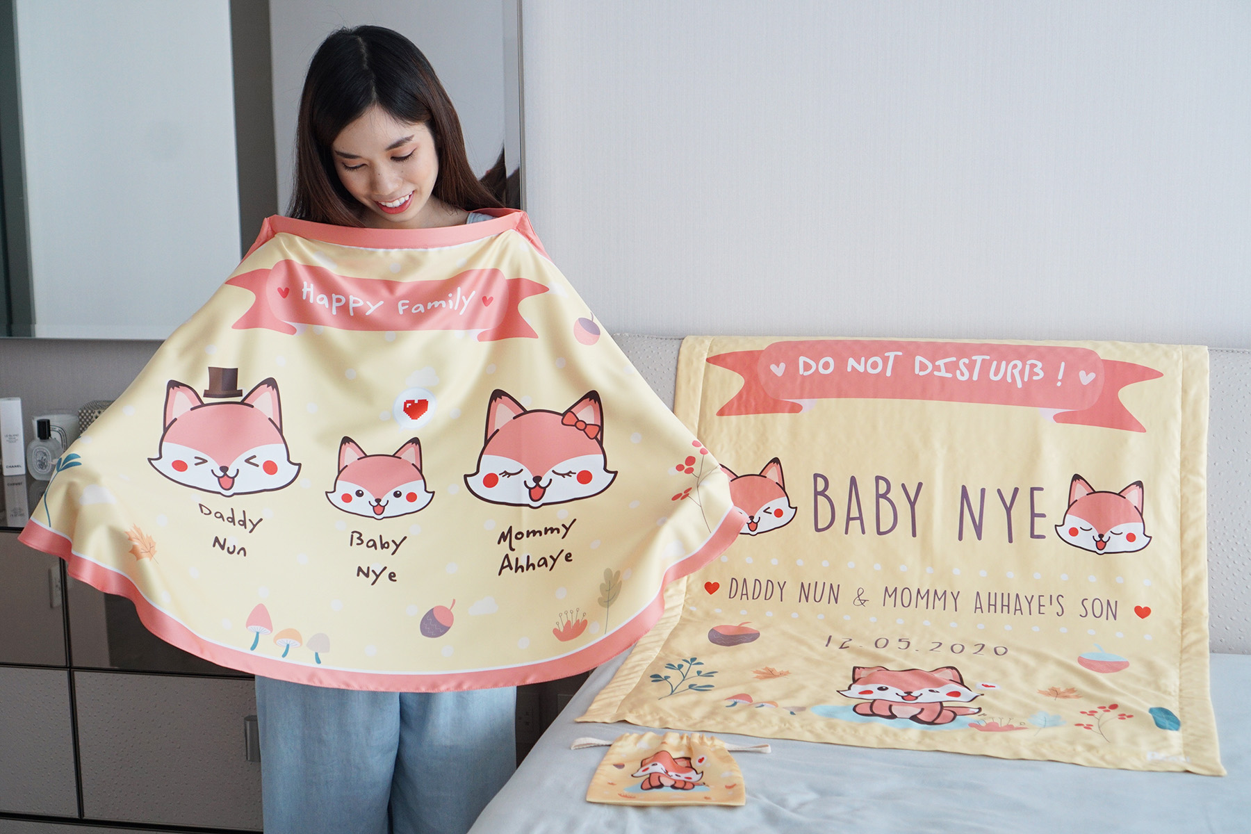 ชุดของขวัญเด็กแรกเกิด ผ้าคลุมให้นม + ผ้าห่มขนาด 75x100cm ลาย Fox - Yellow
