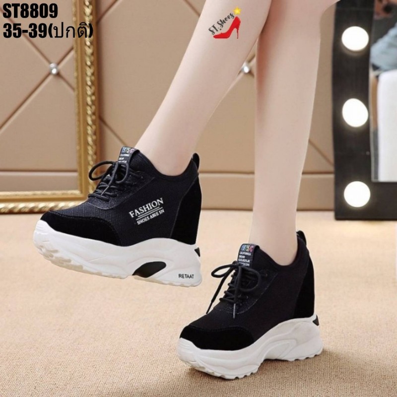 รองเท้าผ้าใบเสริมส้นแต่งเชือกหลอก (สีดำ)