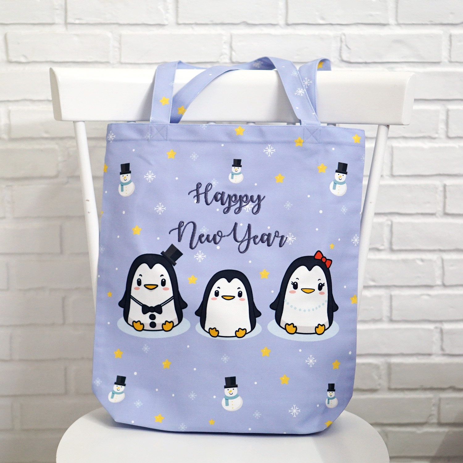 กระเป๋าผ้าแคนวาส ปักชื่อ ลาย Penguin - Blue