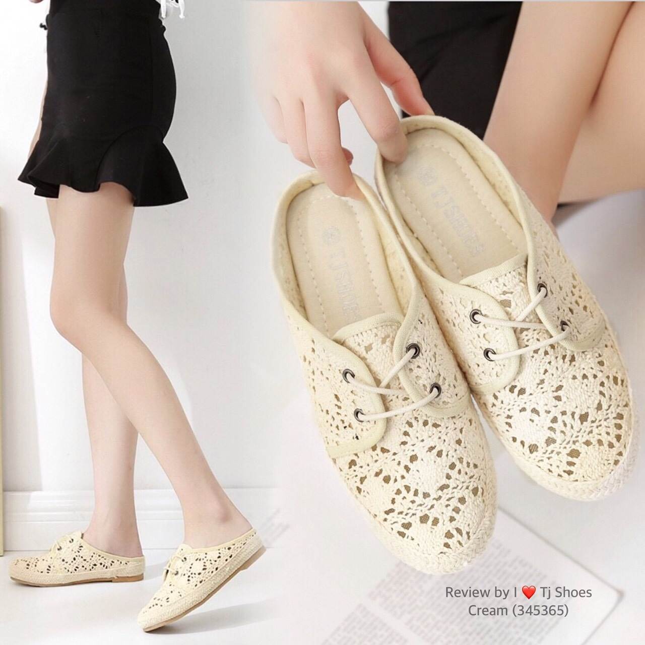 รองเท้าผ้าใบลูกไม้เปิดส้น (สีครีม)