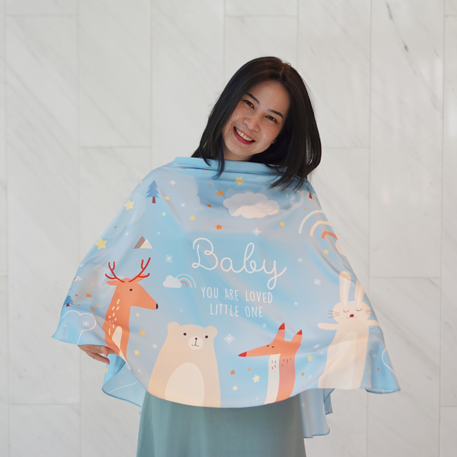 ผ้าคลุมให้นม (รุ่นมีกระดุม ถอดโครงได้) พร้อมส่ง ลาย Woodland - Blue