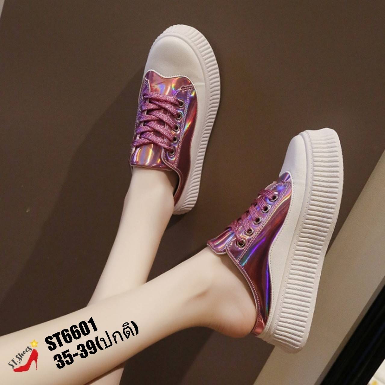รองเท้าผ้าใบเปิดส้นแต่งหนังเมทัลลิค (สีชมพู)
