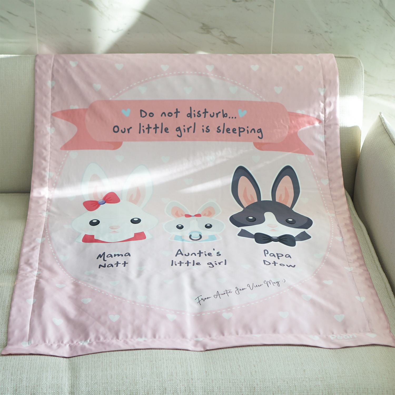 ผ้าห่ม สั่งทำใส่ชื่อ ลาย Rabbit Family - Pastel Pink