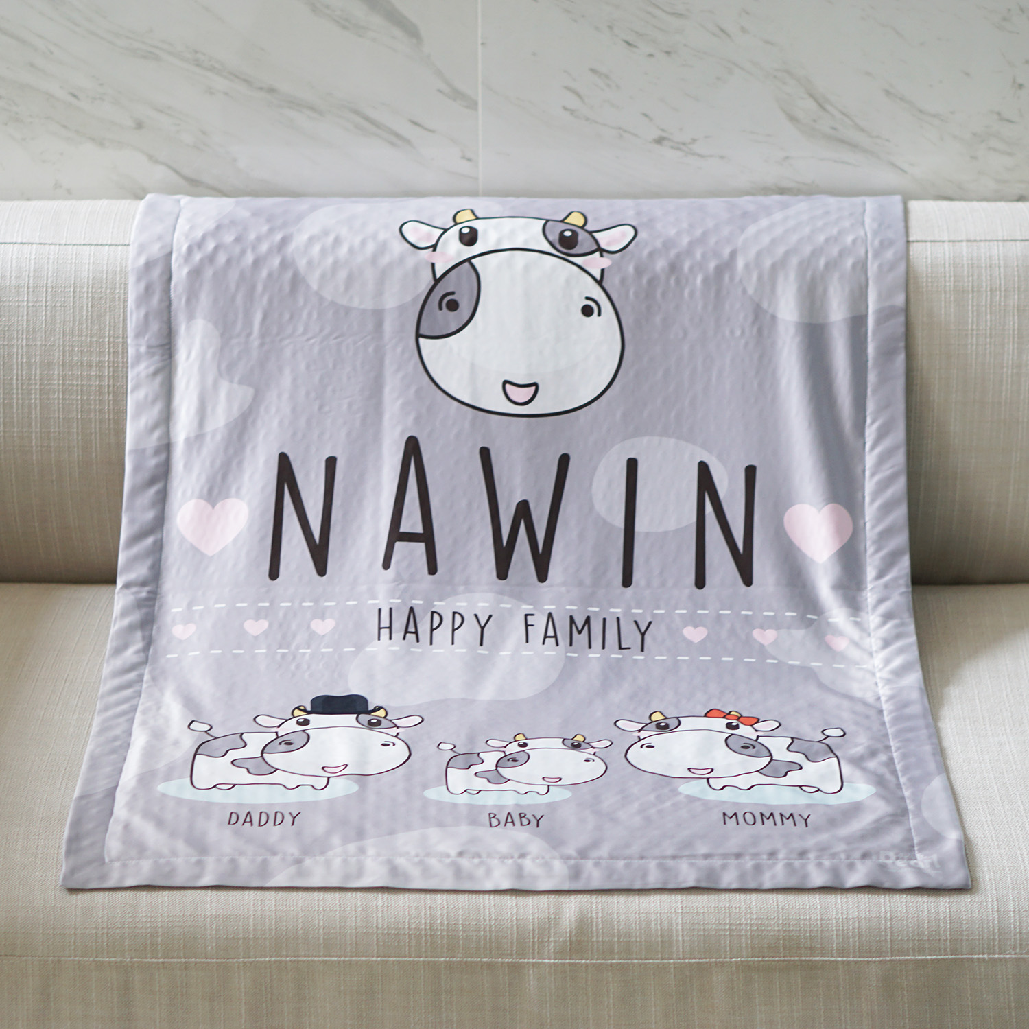ผ้าห่ม สั่งทำใส่ชื่อ ลาย Cow1 - Grey