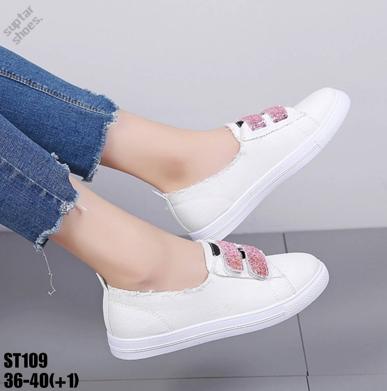 รองเท้าผ้าใบเมจิกเทปแต่งกลิตเตอร์ (สีเขียว)