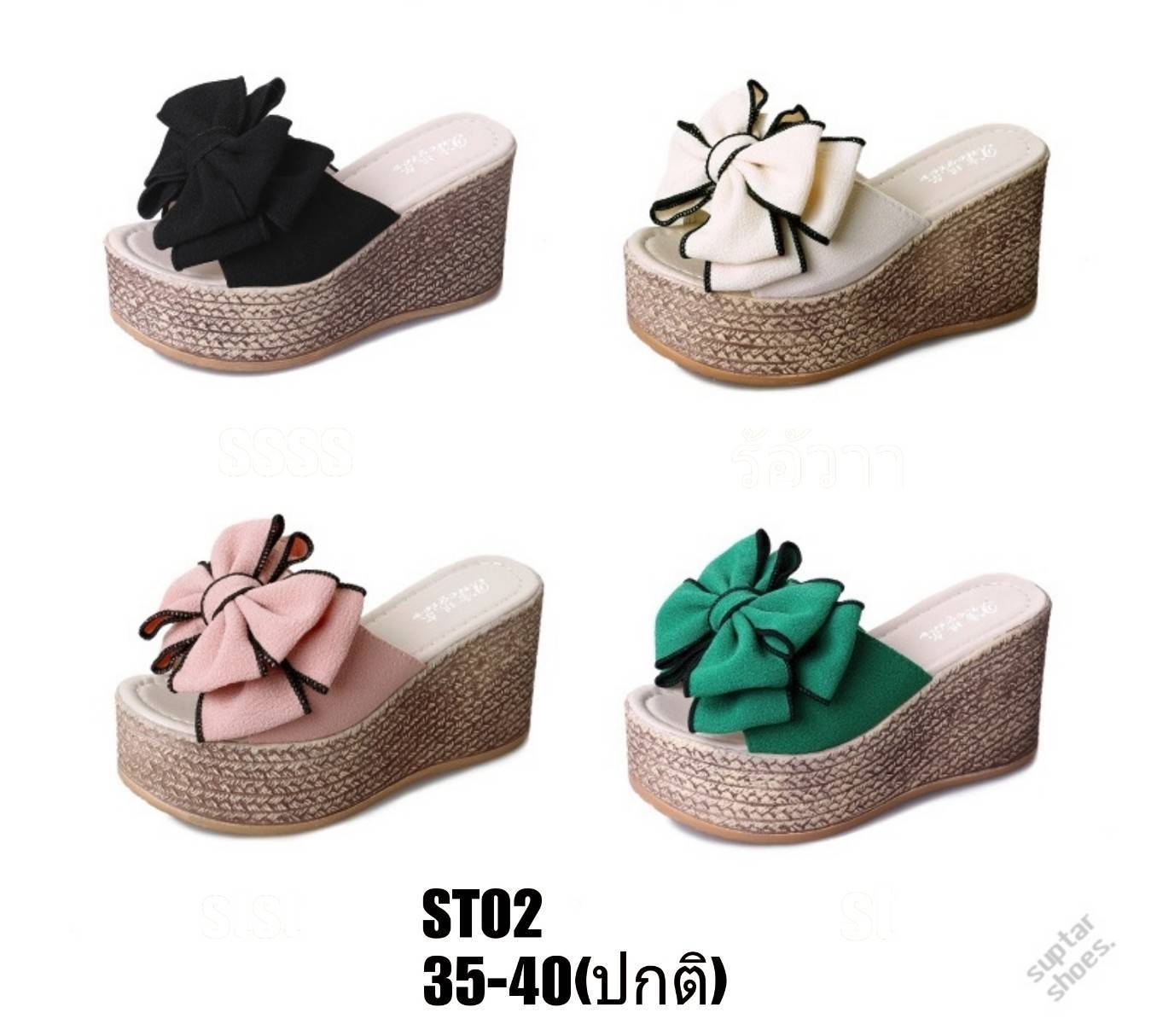 รองเท้าส้นเตารีดวนปอแต่งโบว์ (สีเขียว)