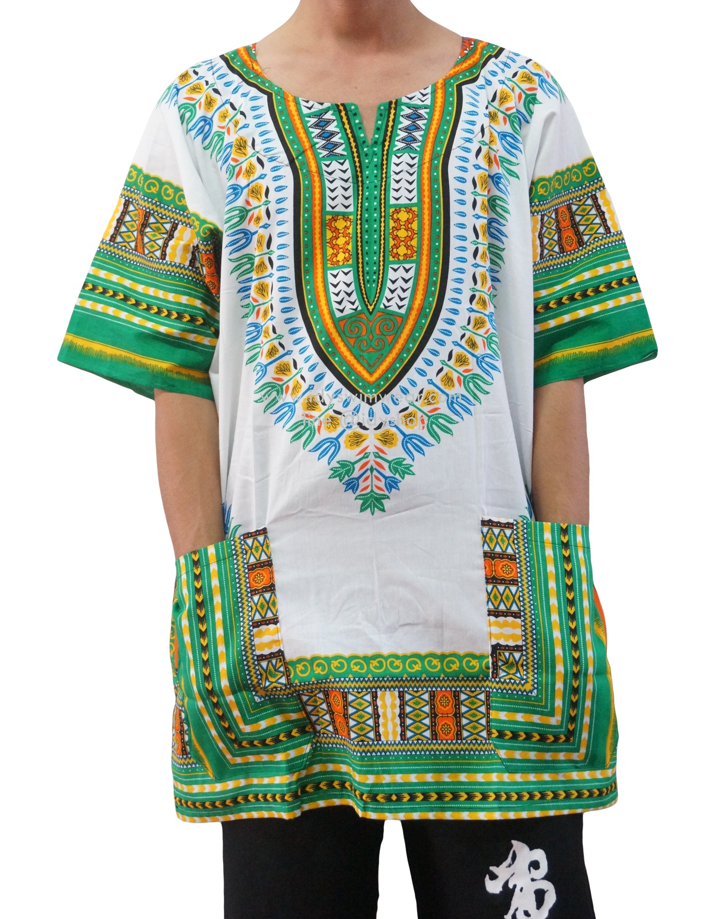 dashiki shirt เสื้อจังโก้ โบฮีเมียน เสื้อชนเผ่า เสื้อแอฟริกา เสื้อวินเทจ ผ้าcotton สี ผสมขาวเขียว