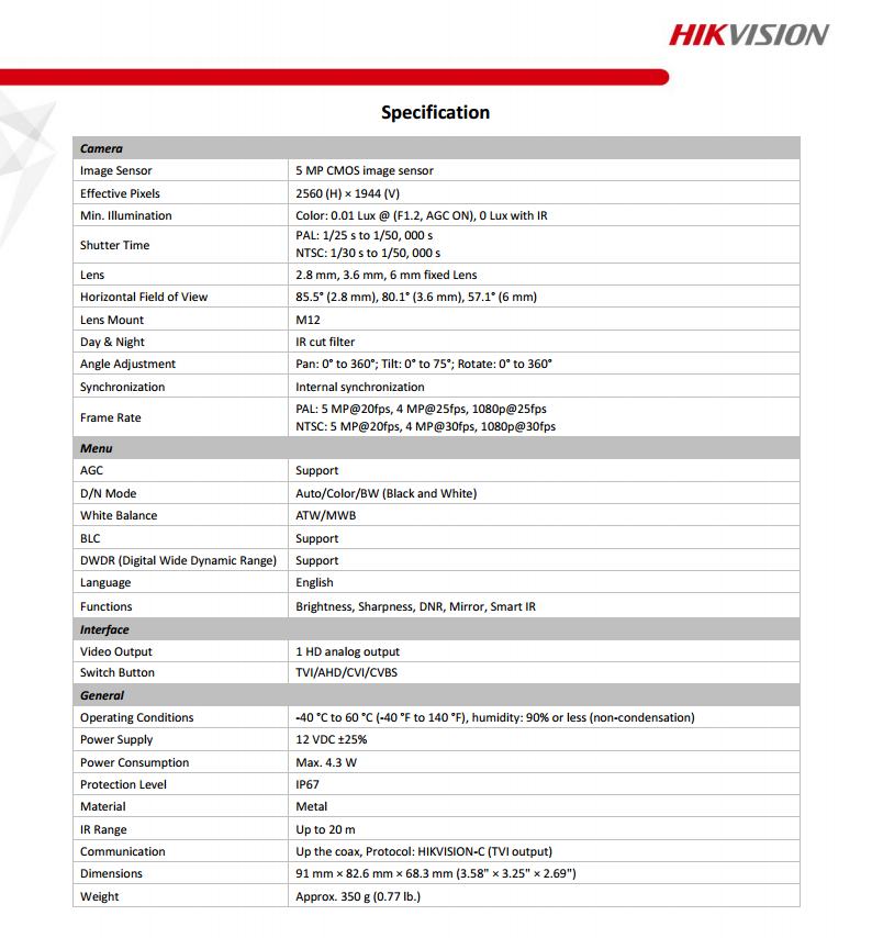 ขายถูก HIKVISION Turbo HD รุ่น DS-2CE56H0T-ITMF ความละเอียด 5 ล้านพิกเซล