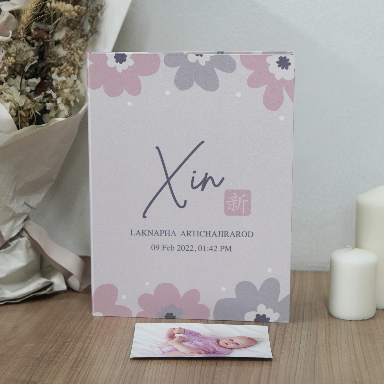 แฟ้มทะเบียนสมรส/สูติบัตร สั่งทำใส่ข้อความ ลาย Big Flower - Light Pink