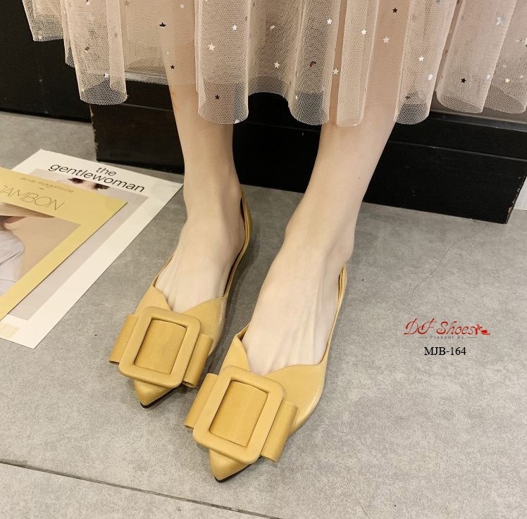 รองเท้าคัทชูส้นแบนแต่งโบว์เข็มขัด (สีเขียว)