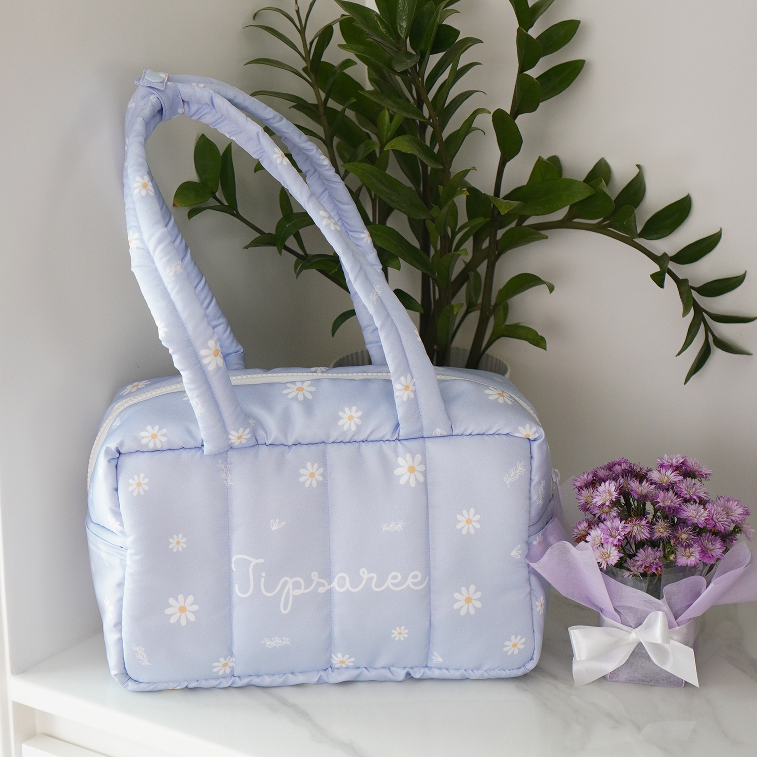 Fluffy Bowling Bag กระเป๋านุ่มนิ่ม ทรง Bowling สั่งทำใส่ข้อความ ลาย Daisy - Lavender