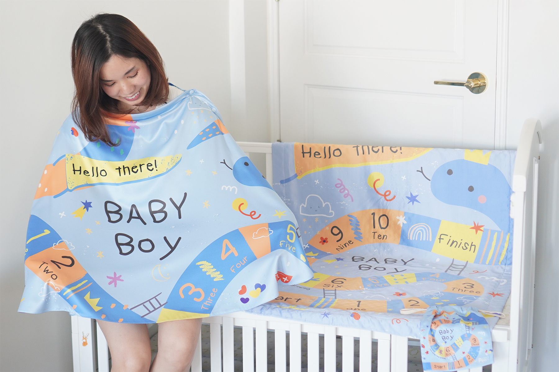 ชุดของขวัญเด็กแรกเกิด ผ้าคลุมให้นม + ผ้าห่มขนาด 75x100cm ลาย Snake and Ladders - Blue