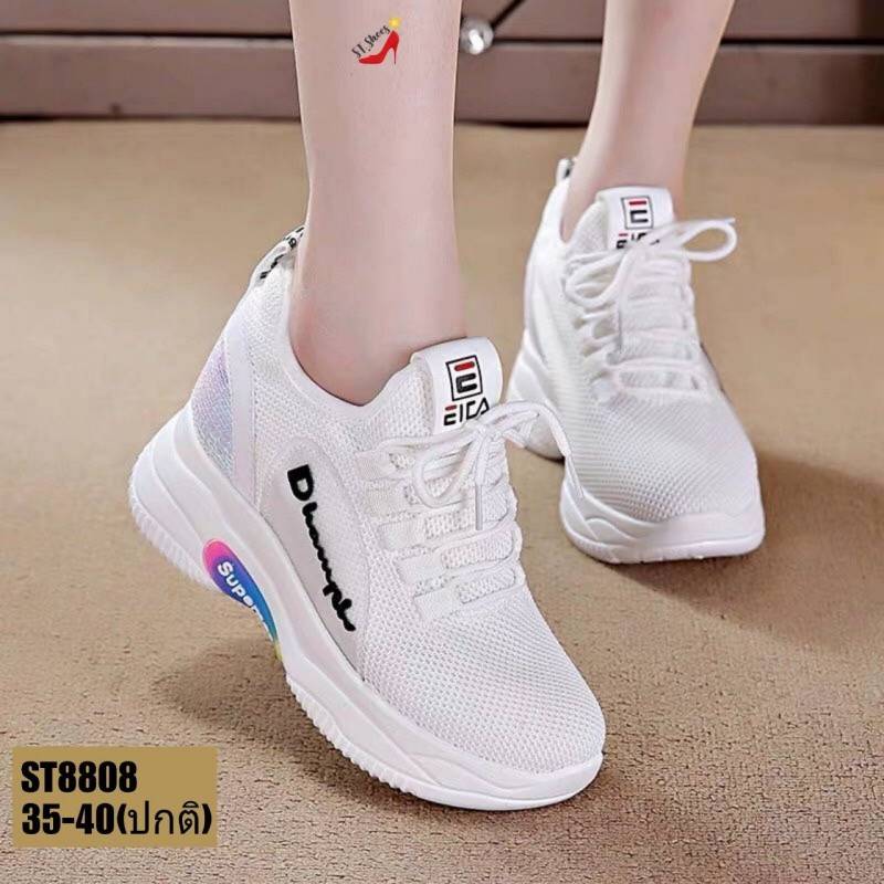 รองเท้าผ้าใบเสริมส้นปักเหลื่อมสไตล์Sport (สีขาว)