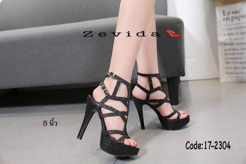 รองเท้าส้นสูงแต่งกากเพชรสายรัดสองชั้น (สีทอง)