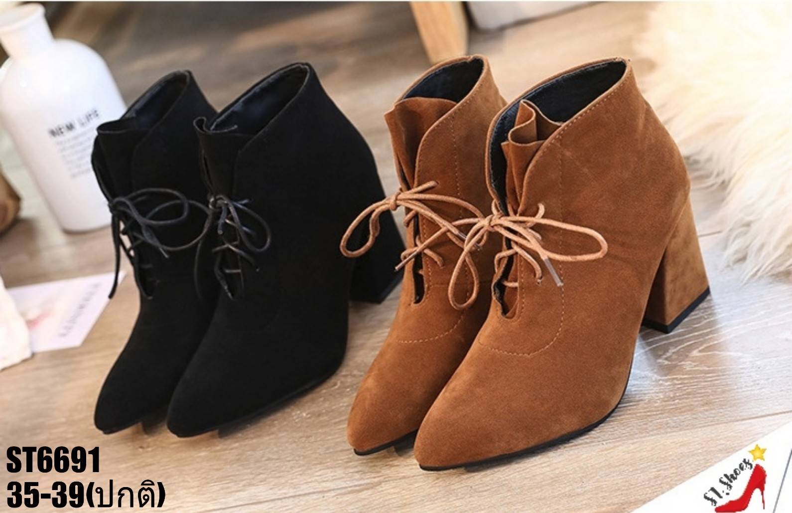 รองเท้ามินิบูทส้นตันหน้าจีบ (สีดำ)