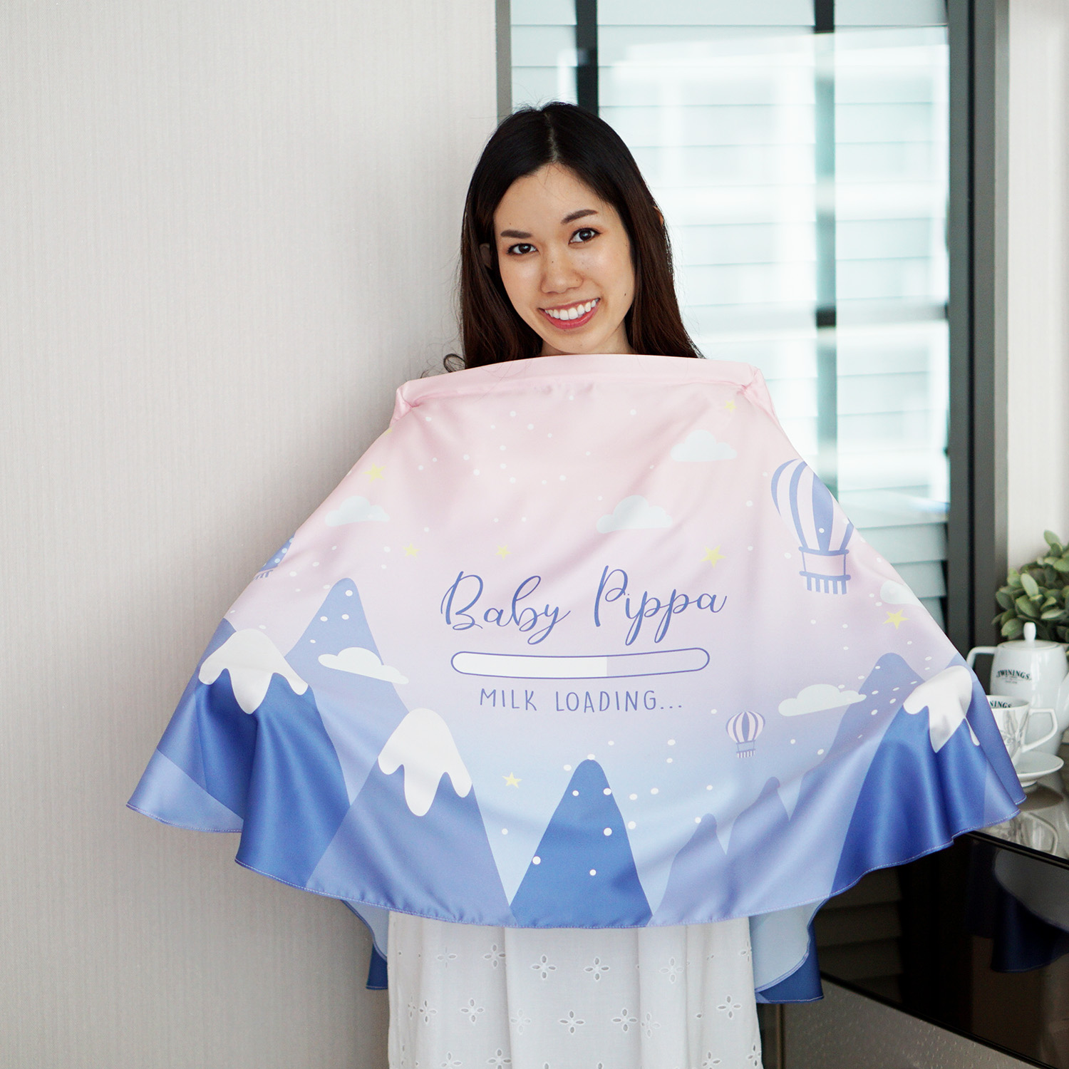 ผ้าคลุมให้นม สั่งทำใส่ชือ ลายภูเขา Mountain - Blue Pink