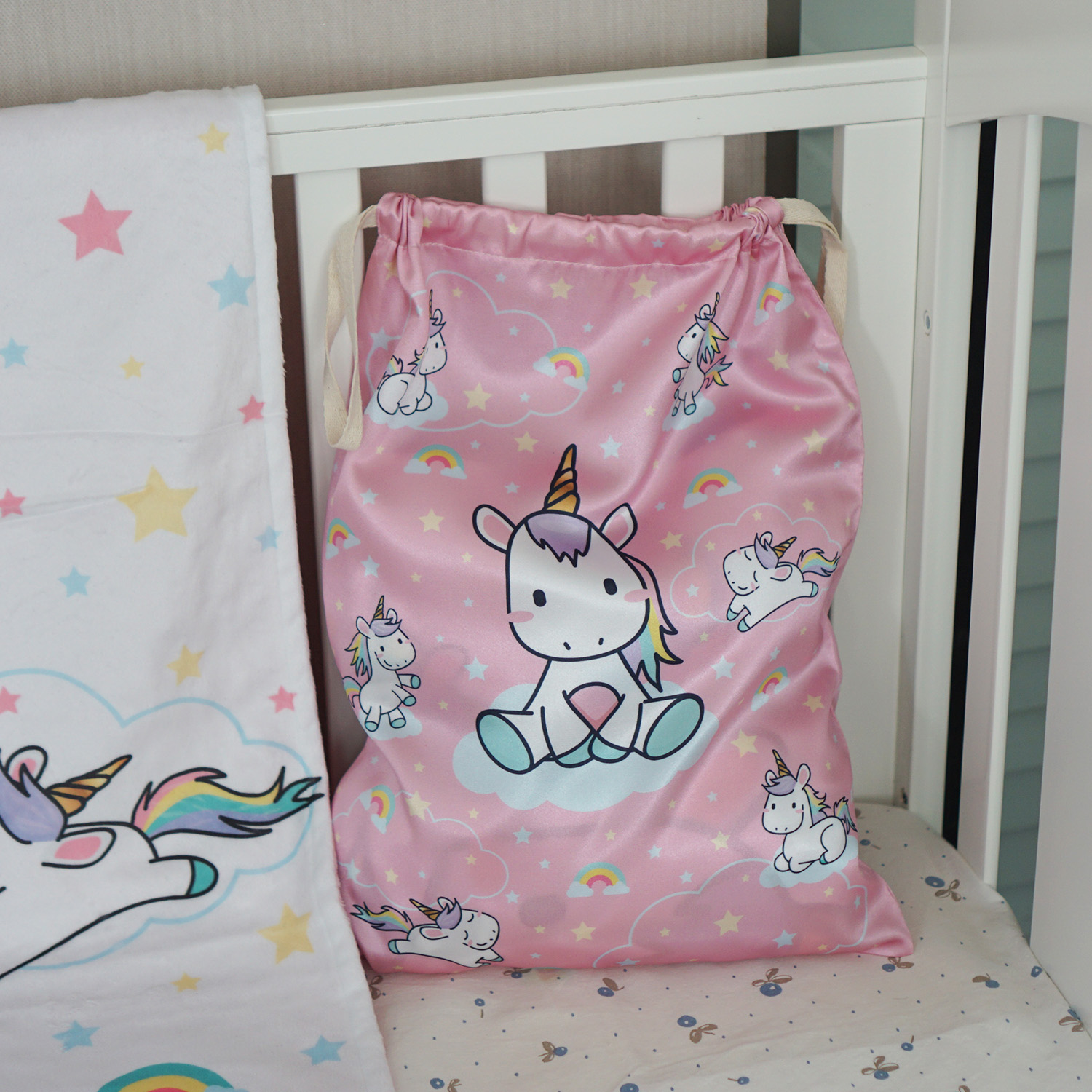 ถุงผ้าซาตินพร้อมส่ง ไซส์ L ลาย Unicorn - Pink