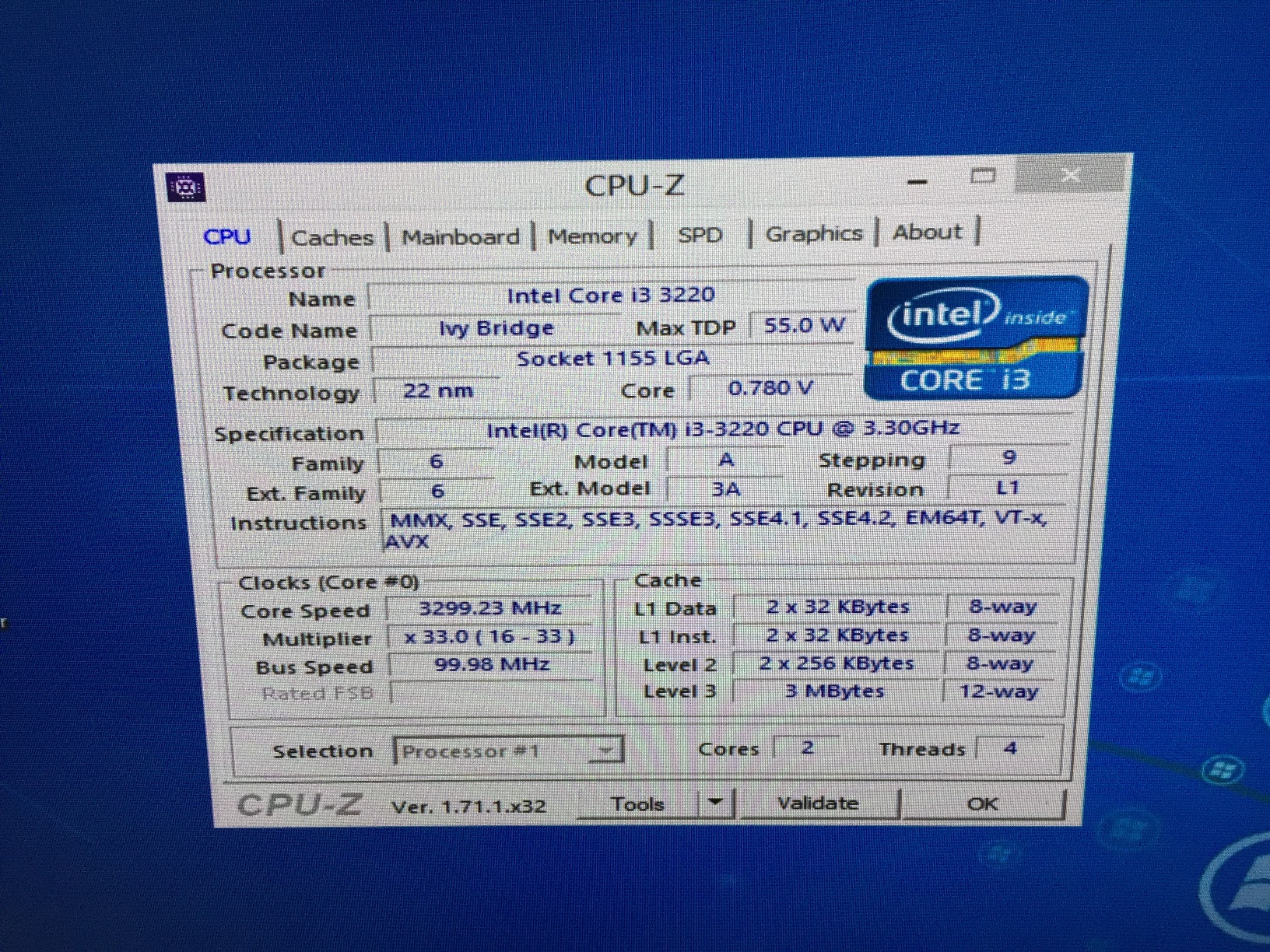 Intel® Core™ i3-3220 แคช 3M, 3.30 GHz 1155