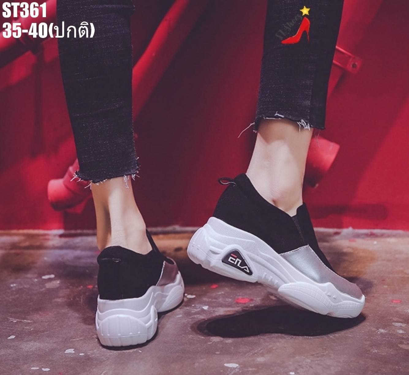 รองเท้าผ้าใบทรงสวยตัดสีเมทัลลิค (สีดำ)