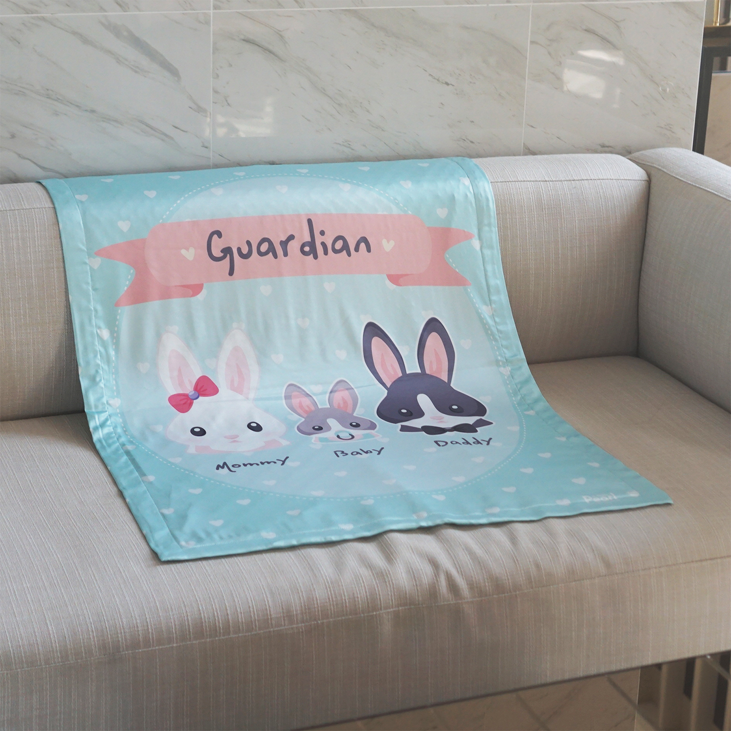 ผ้าห่ม สั่งทำใส่ชื่อ ลาย Rabbit Family - Mint